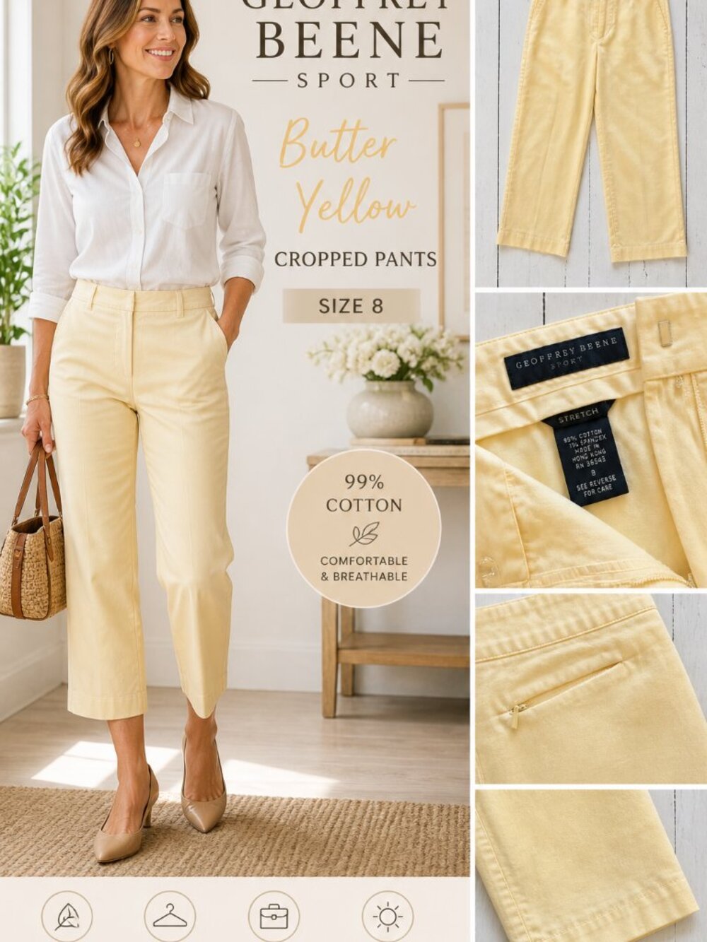 Geoffrey Beene Sport Butter Yellow Cropped Pants Cotton Stretch Size 8